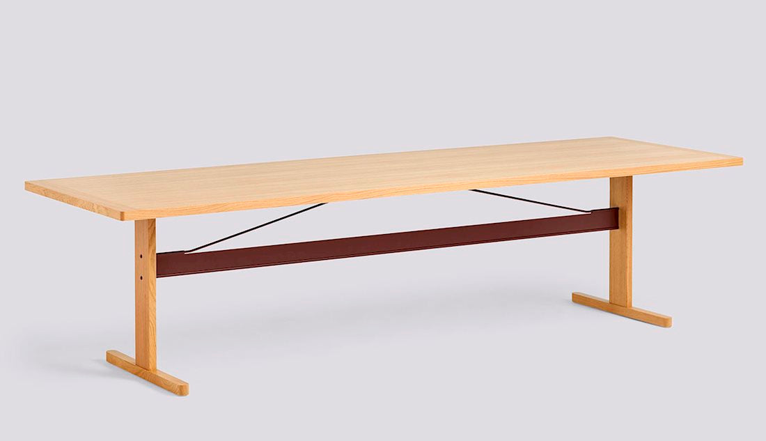 Passerelle Table by Hay #H74 x W300 x L95/Water-based lacquered Oak Burgundy red powder coated crossbar/Burgundy red Laminate