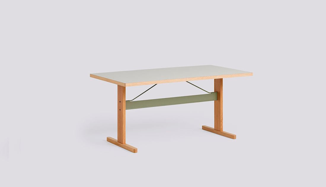 Passerelle Table by Hay #H74 x W160 x L85/Water-based lacquered Oak Thyme green powder coated crossbar/Dusty grey Laminate