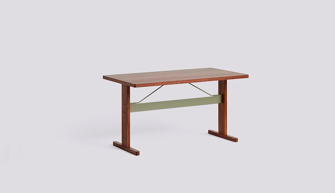 Passerelle Table by Hay #H74 x W140 x L75/Water-based lacquered Walnut frame Thyme green powder coated crossbar/Water-based lacquered Solid walnut