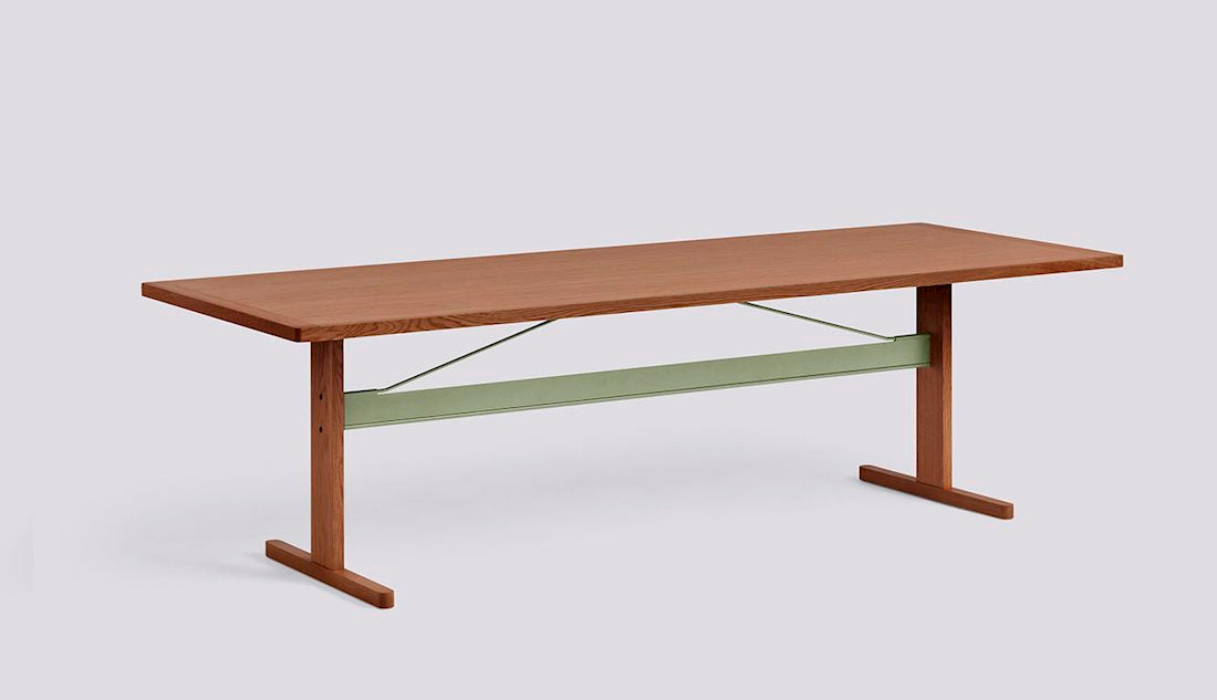 Passerelle Table by Hay #H74 x W260 x L95/Water-based lacquered Walnut frame Thyme green powder coated crossbar/Water-based lacquered Solid walnut