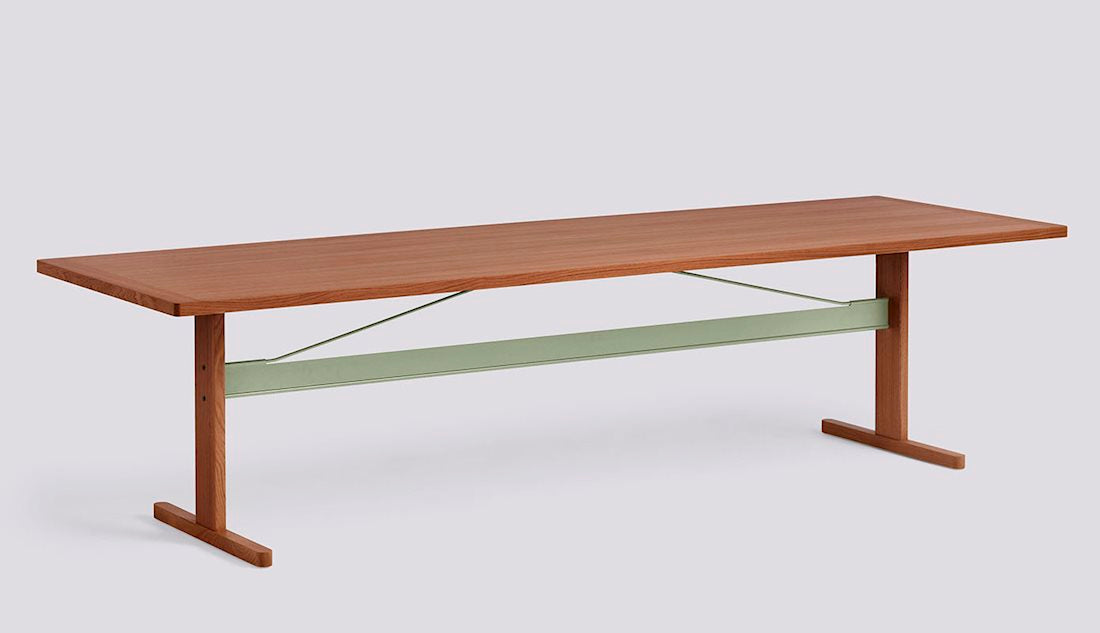 Passerelle Table by Hay #H74 x W300 x L95/Water-based lacquered Walnut frame Thyme green powder coated crossbar/Water-based lacquered Solid walnut